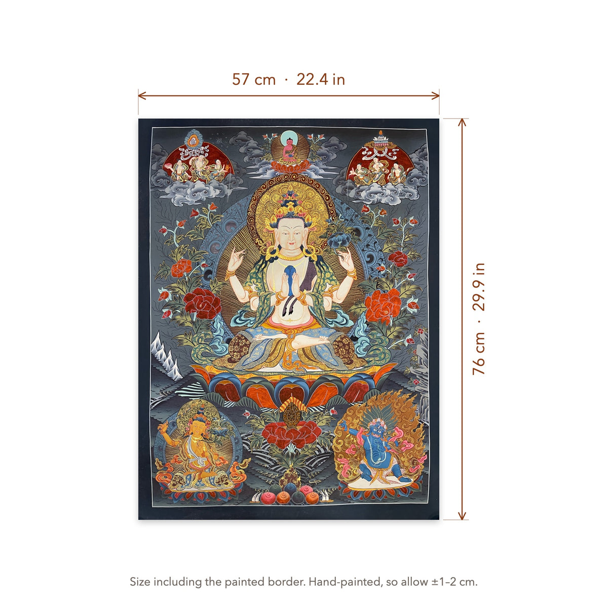 Size diagram: 57 × 76 cm (22.4 × 29.9 in), including the painted border