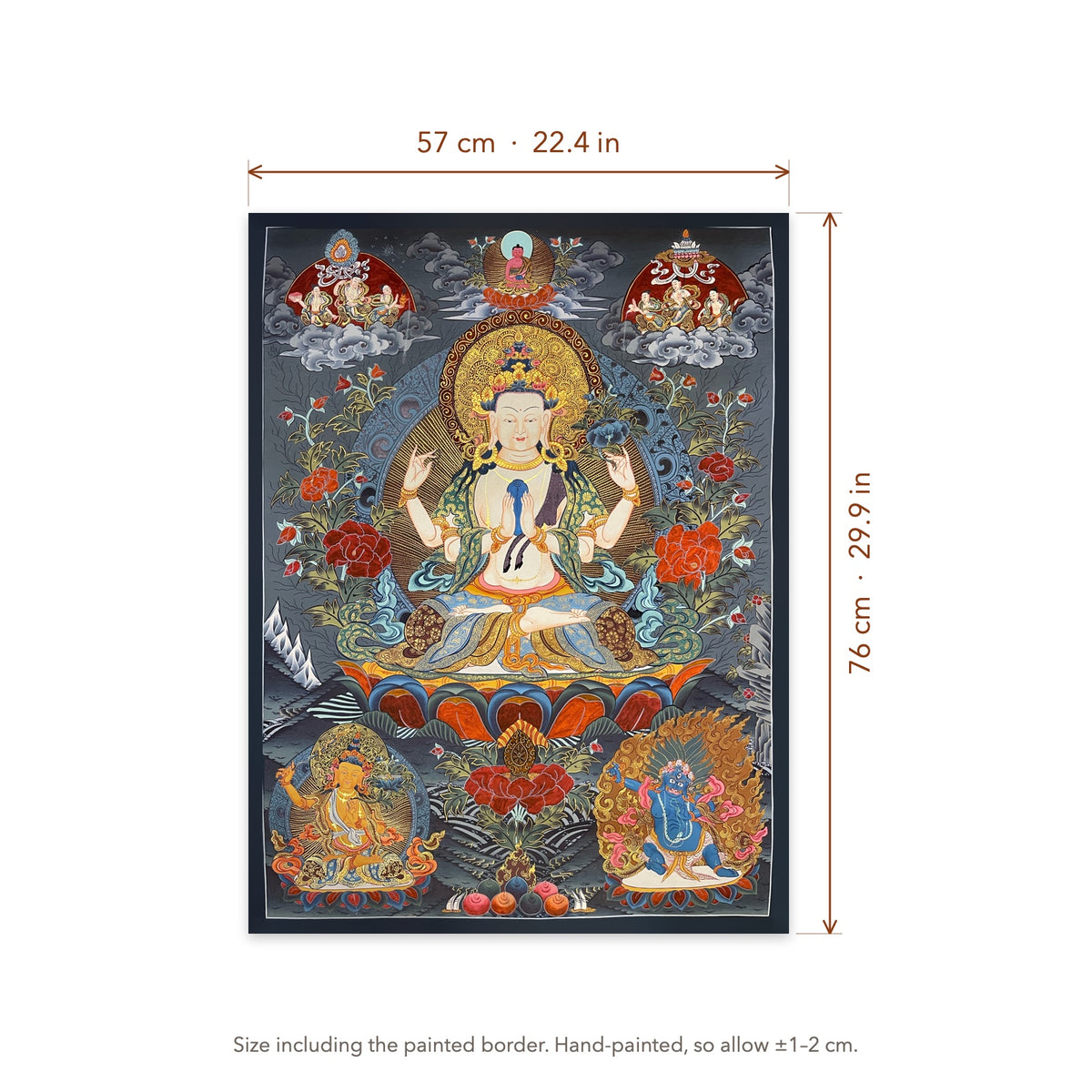 Size diagram: 57 × 76 cm (22.4 × 29.9 in), including the painted border