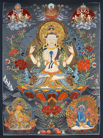 Chenrezig thangka, 57×76 cm: four-armed Chenrezig on a grey-blue ground among red peonies, with Amitabha above and Manjushri and Vajrapani below