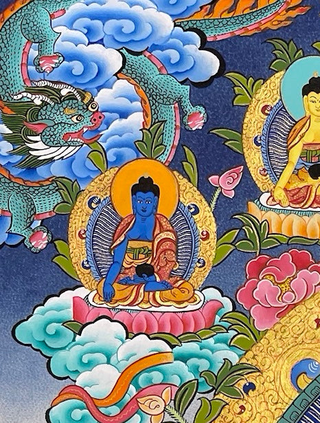 White Tara thangka, detail: top-left corner
