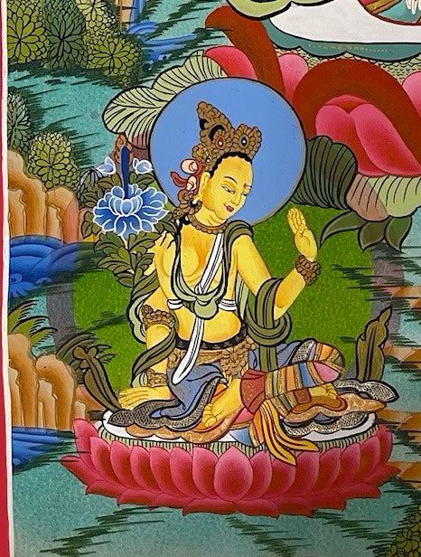 White Tara thangka, detail: bottom-left corner