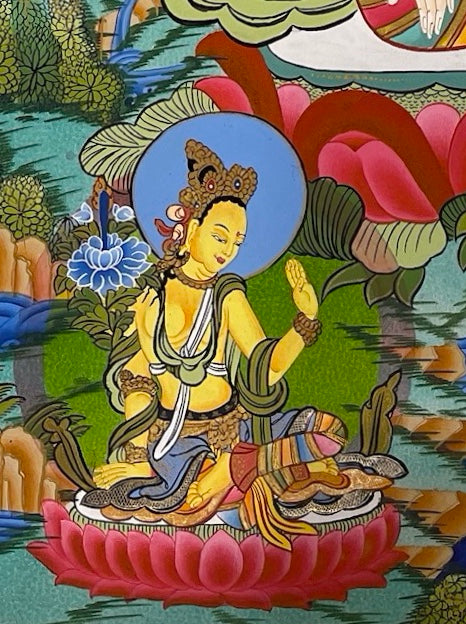 White Tara thangka, detail: bottom-left corner