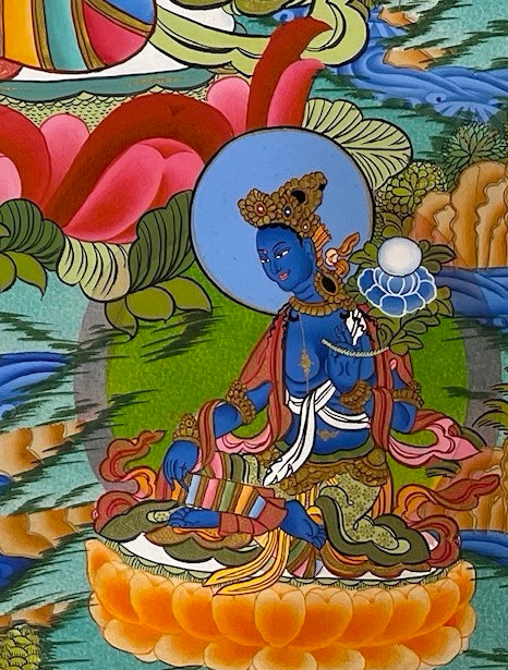 White Tara thangka, detail: bottom-right corner
