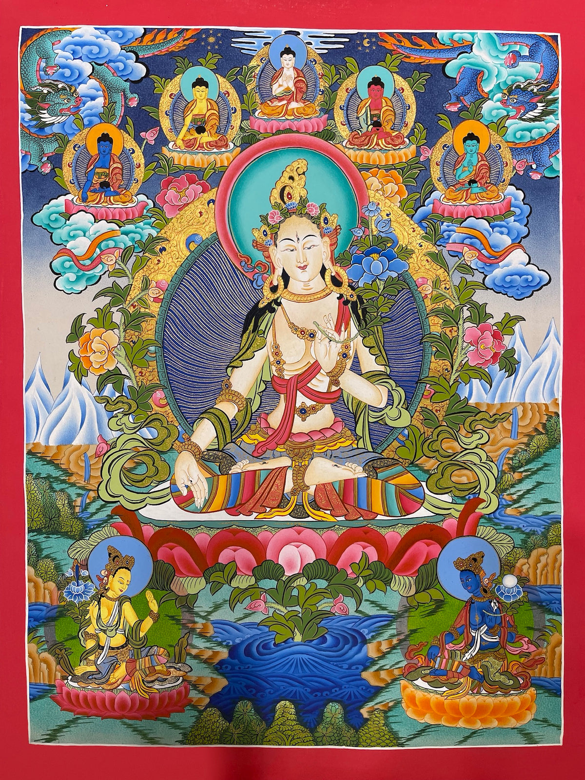 White Tara thangka, 51×69 cm: White Tara with the five Buddhas and two dragons above and two Taras below
