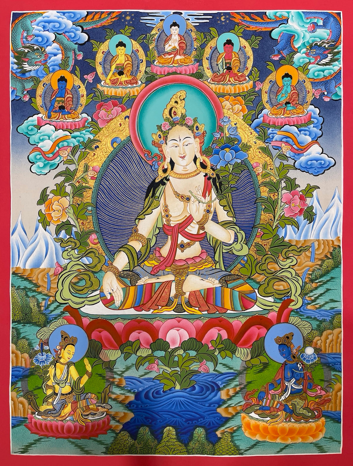 White Tara thangka, 51×69 cm: White Tara with the five Buddhas and two dragons above and two Taras below