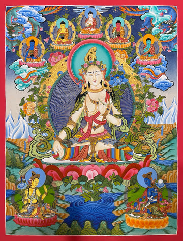 White Tara thangka, 51×69 cm: White Tara with the five Buddhas and two dragons above and two Taras below