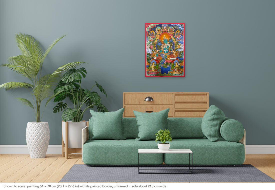 Green Tara thangka, 51×70 cm: Green Tara with the five Buddhas and two dragons above and two Taras below