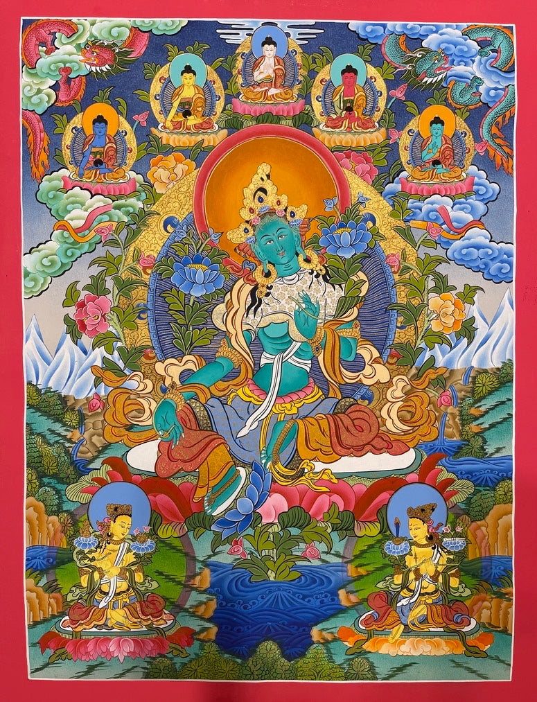 Green Tara thangka, 51×70 cm: Green Tara with the five Buddhas and two dragons above and two Taras below
