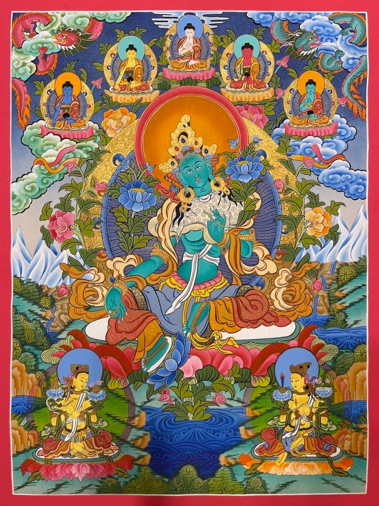 Green Tara thangka, 51×70 cm: Green Tara with the five Buddhas and two dragons above and two Taras below