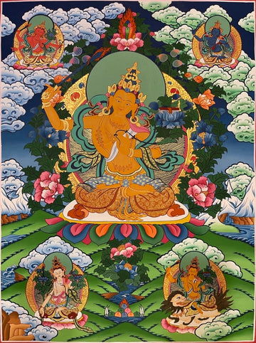 Manjushri thangka, 50×67 cm: orange Manjushri raising his sword, with four more forms of Manjushri in the corners