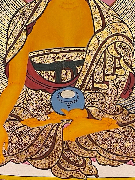 Shakyamuni Buddha thangka, detail: centre