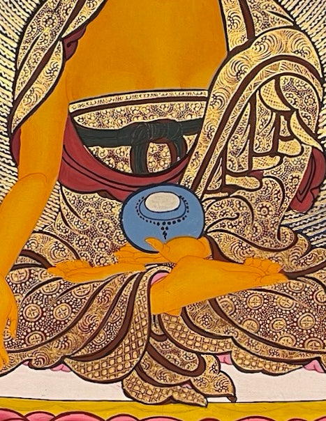 Shakyamuni Buddha thangka, 50×67 cm: Shakyamuni with his two disciples on a deep blue ground with peonies