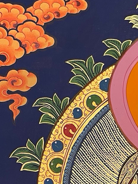 Shakyamuni Buddha thangka, detail: top-left corner