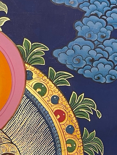 Shakyamuni Buddha thangka, detail: top-right corner