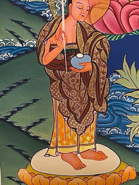 Shakyamuni Buddha thangka, detail: bottom-left corner