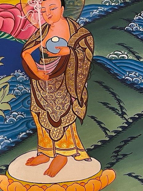Shakyamuni Buddha thangka, detail: bottom-right corner