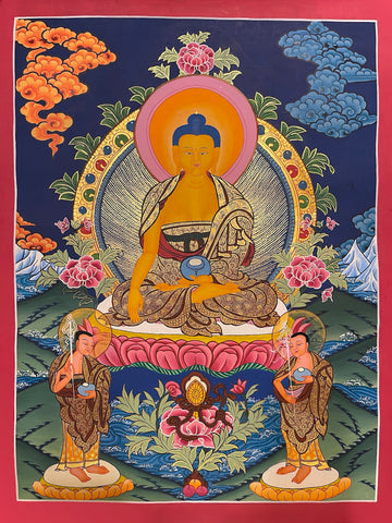 Shakyamuni Buddha thangka, 50×67 cm: Shakyamuni with his two disciples on a deep blue ground with peonies