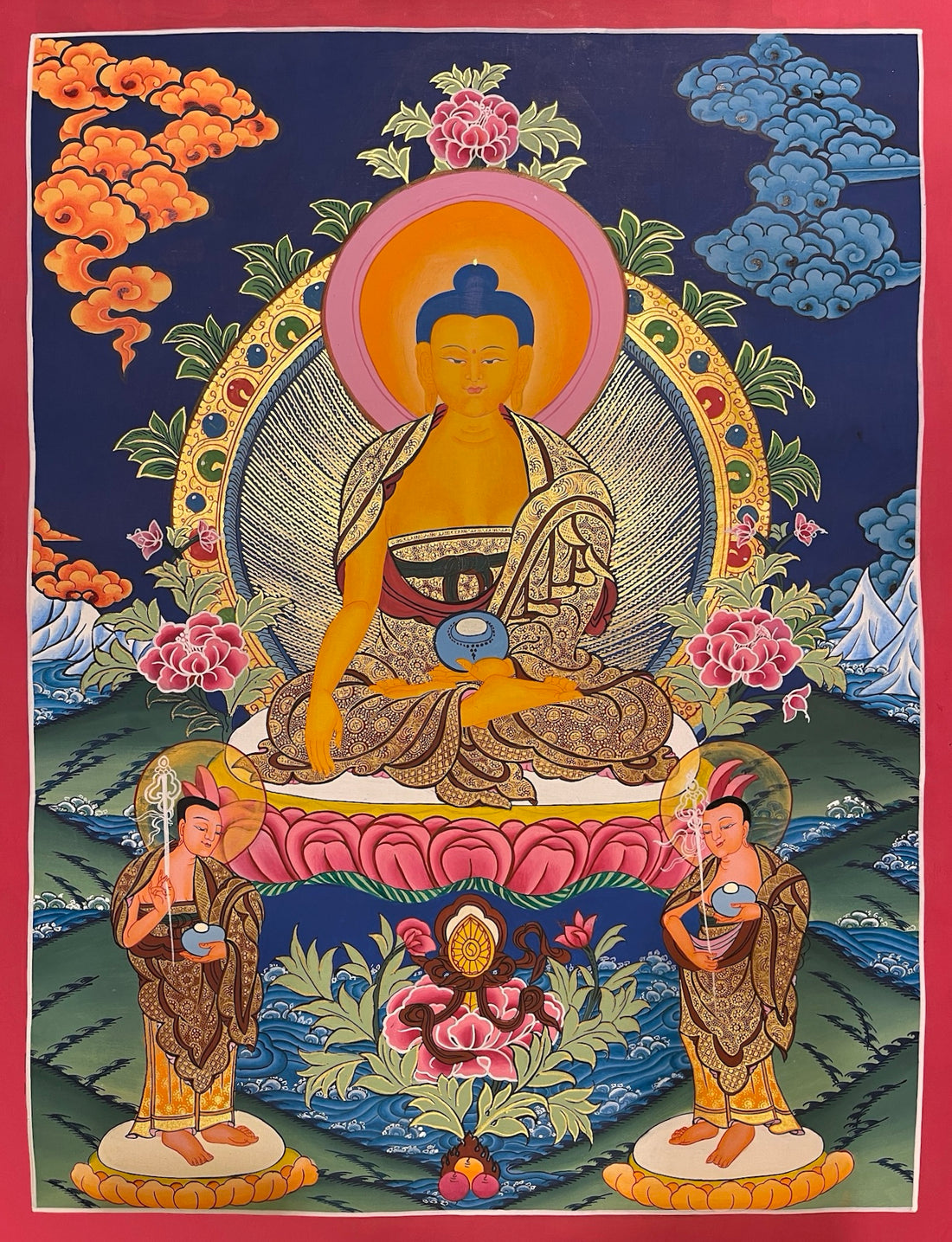 Shakyamuni Buddha thangka, 50×67 cm: Shakyamuni with his two disciples on a deep blue ground with peonies