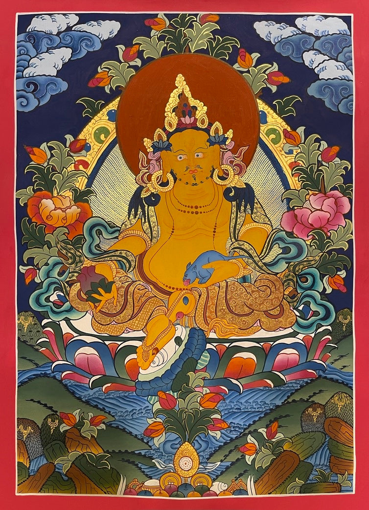 Jambhala thangka, 49×66 cm: Yellow Jambhala with a jewel-spitting mongoose among peonies on a deep blue sky