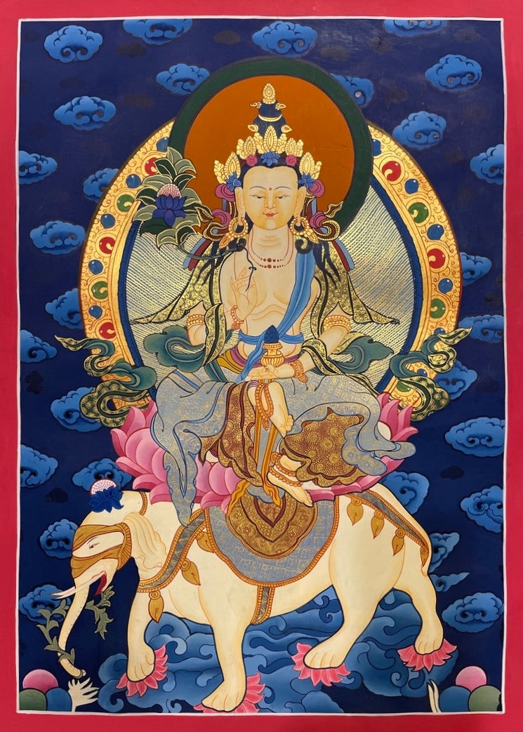 Samantabhadra Bodhisattva thangka, 50×68 cm: Samantabhadra seated on a white elephant against a deep blue sky