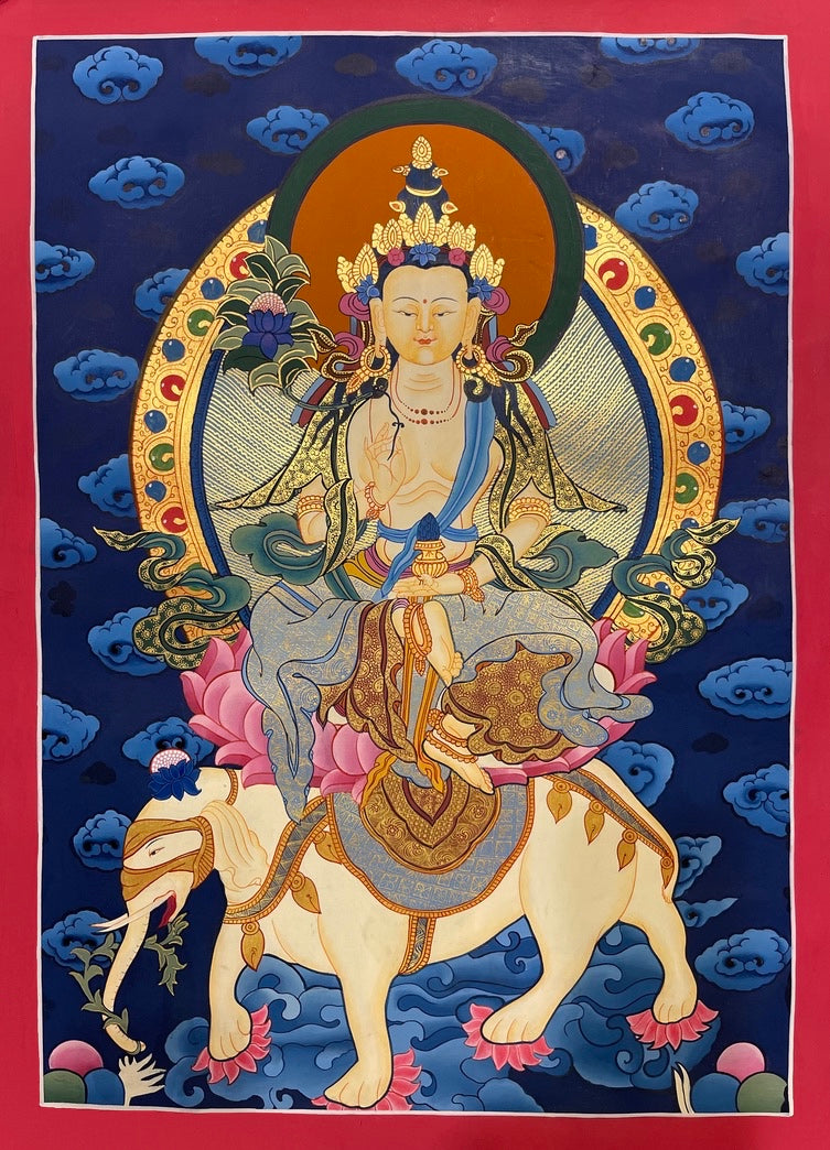 Samantabhadra Bodhisattva thangka, 50×68 cm: Samantabhadra seated on a white elephant against a deep blue sky