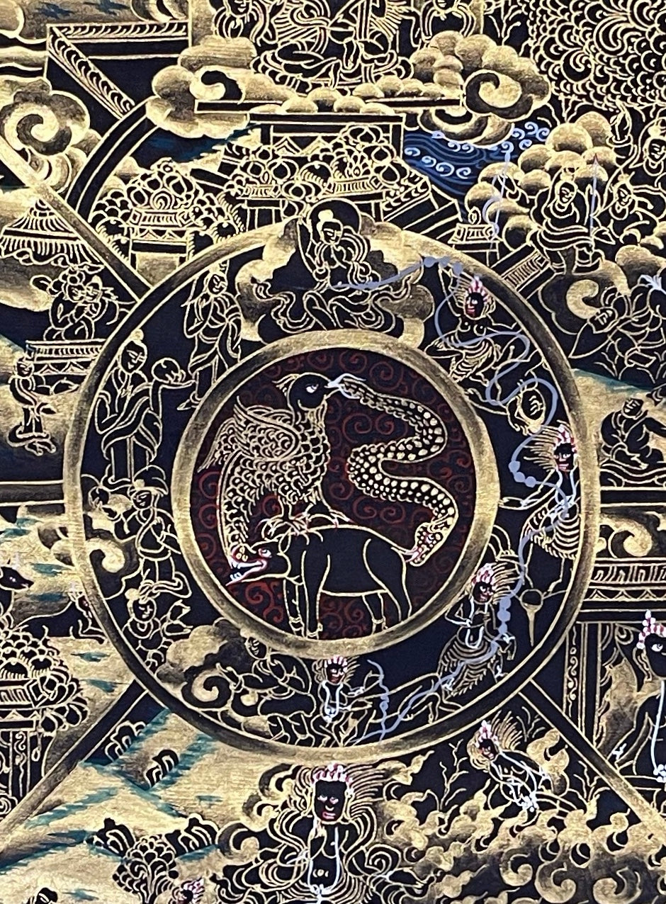 Wheel of Life thangka, 56×72 cm: Yama holding the Wheel of Life in fine gold-coloured line work on black