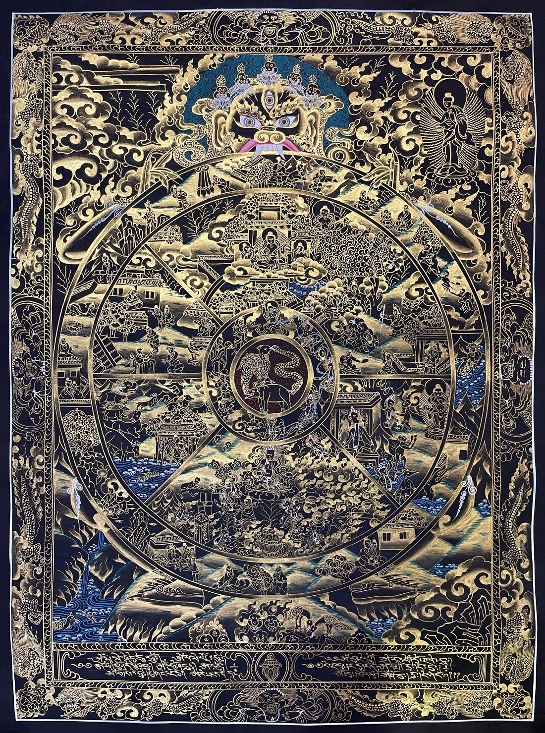 Wheel of Life thangka, 56×72 cm: Yama holding the Wheel of Life in fine gold-coloured line work on black