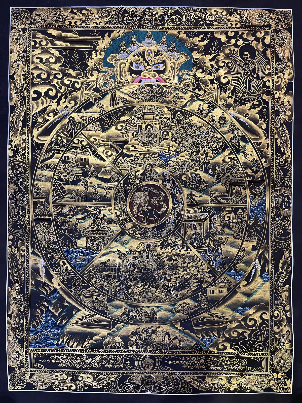 Wheel of Life thangka, 56×72 cm: Yama holding the Wheel of Life in fine gold-coloured line work on black