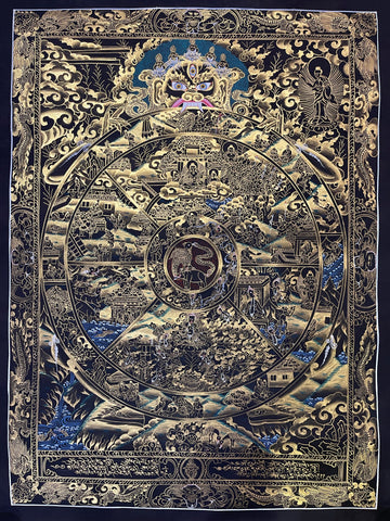 Wheel of Life thangka, 56×72 cm: Yama holding the Wheel of Life in fine gold-coloured line work on black