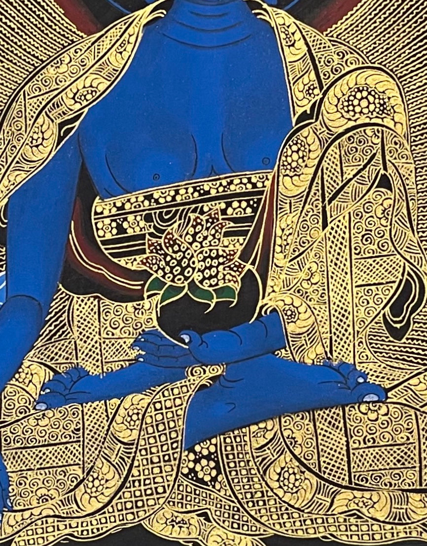 Medicine Buddha thangka, 56×70 cm: blue Medicine Buddha holding a bowl, with Amitayus, White Tara, Green Tara and two monks