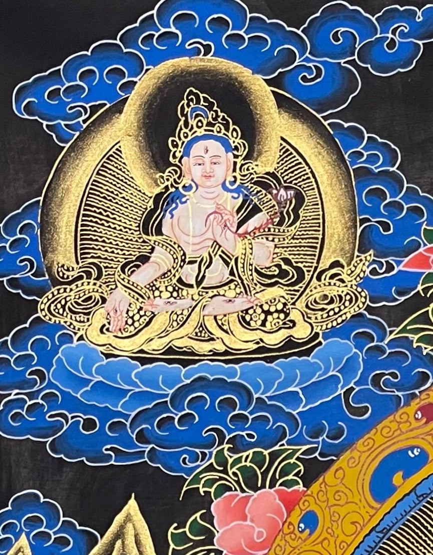 Medicine Buddha thangka, detail: top-left corner
