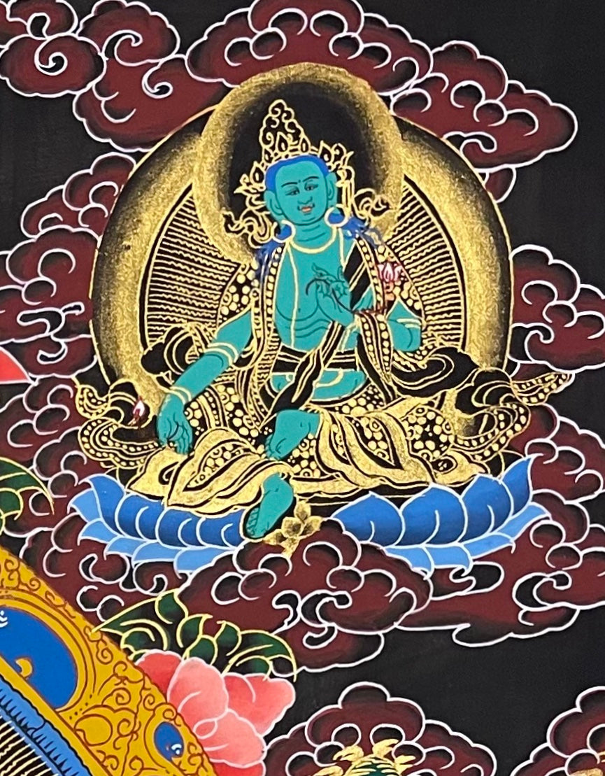Medicine Buddha thangka, detail: top-right corner