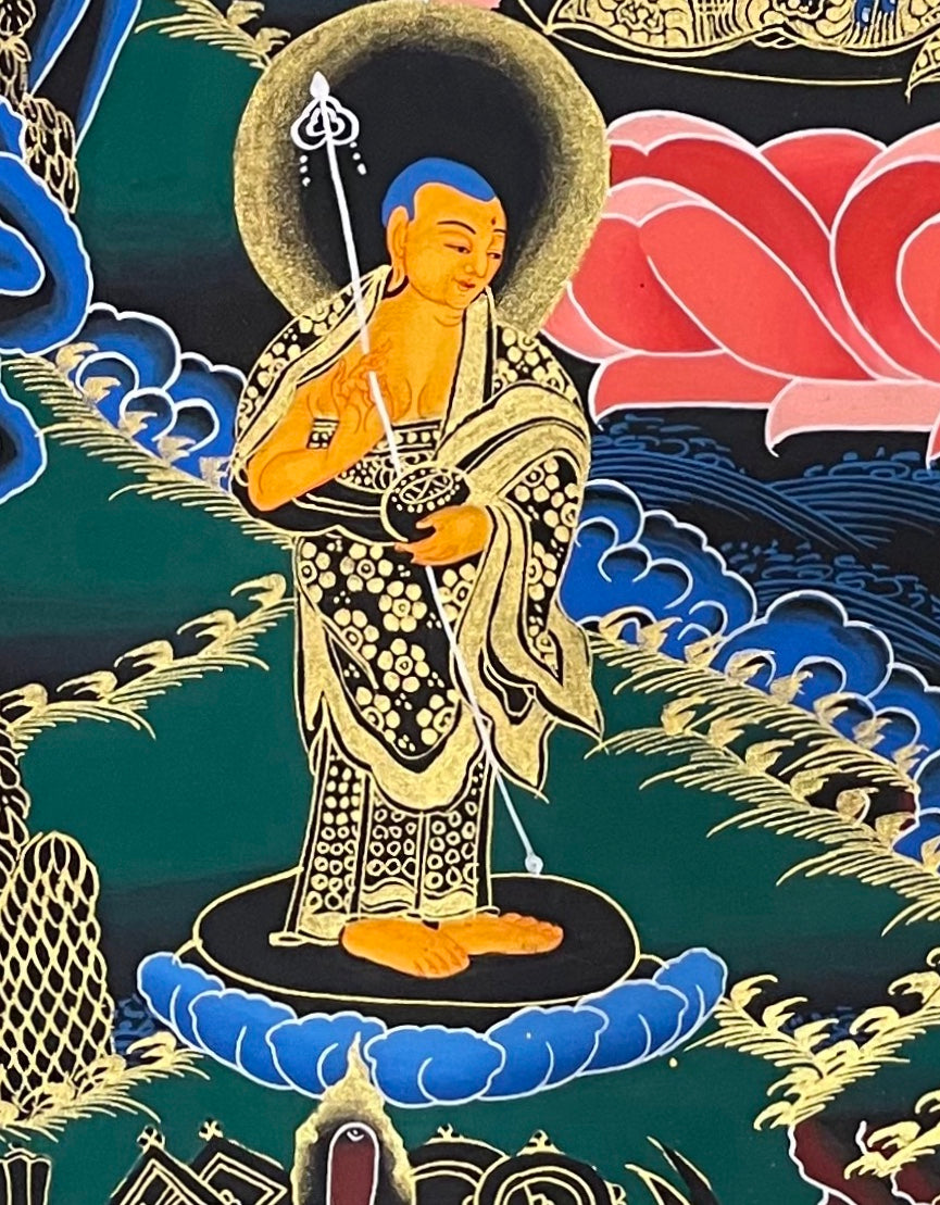 Medicine Buddha thangka, detail: bottom-left corner