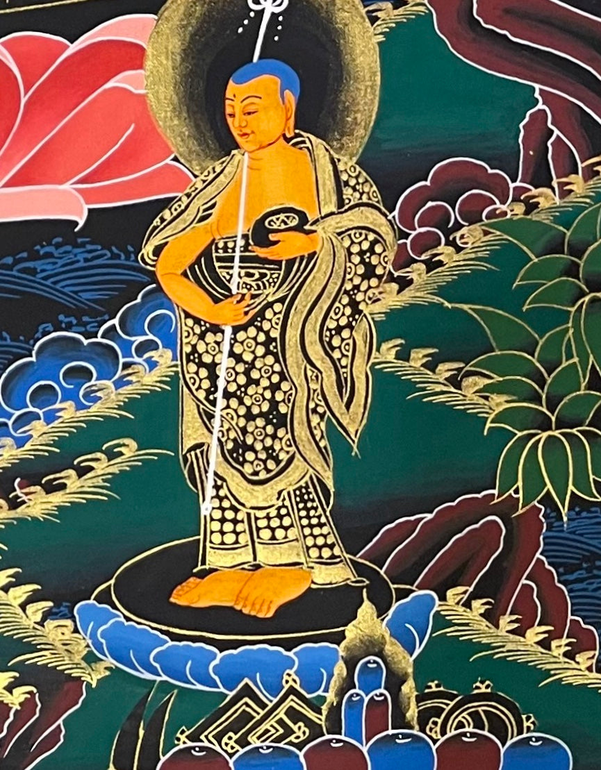 Medicine Buddha thangka, detail: bottom-right corner