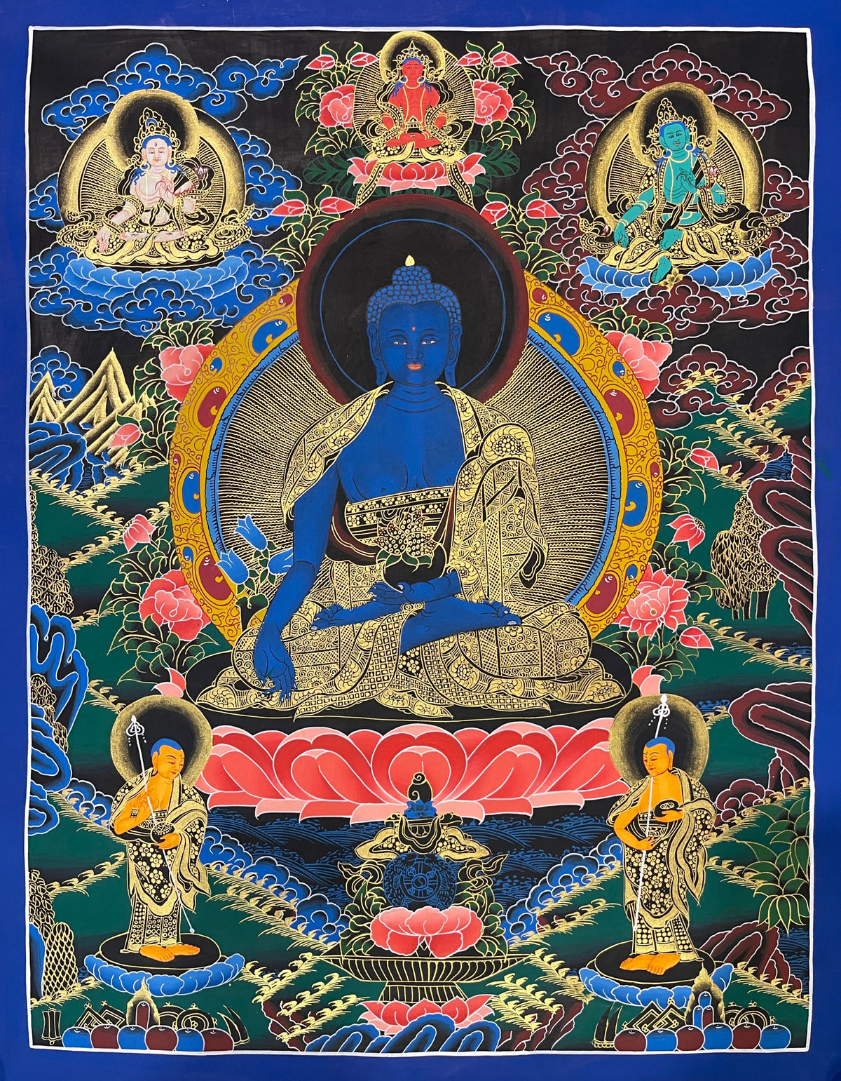 Medicine Buddha thangka, 56×70 cm: blue Medicine Buddha holding a bowl, with Amitayus, White Tara, Green Tara and two monks