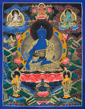 Medicine Buddha thangka, 56×70 cm: blue Medicine Buddha holding a bowl, with Amitayus, White Tara, Green Tara and two monks