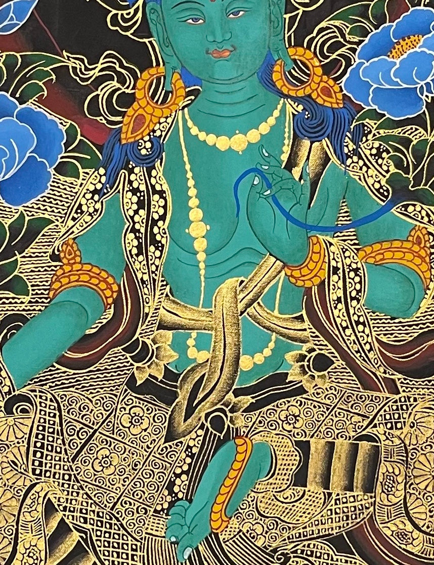 Green Tara thangka, 56×70 cm: Green Tara with three Buddhas above and two standing bodhisattvas below, on black