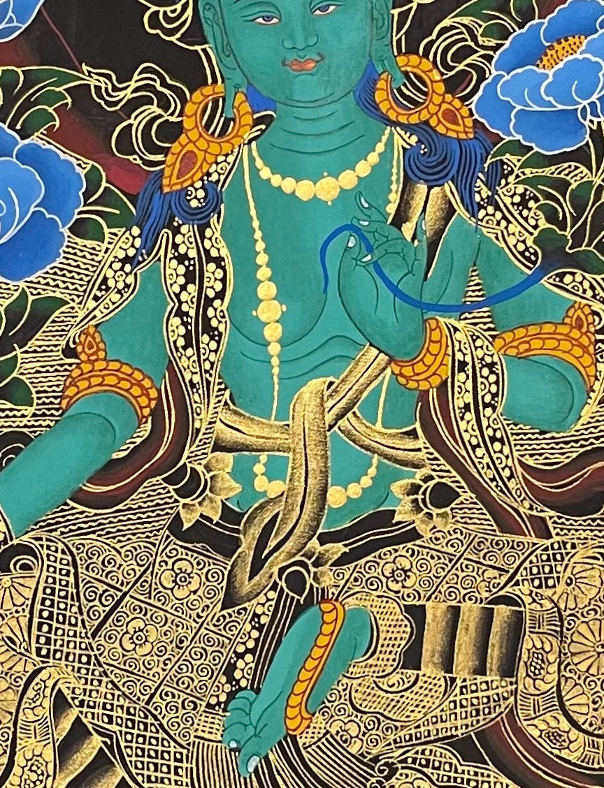 Green Tara thangka, 56×70 cm: Green Tara with three Buddhas above and two standing bodhisattvas below, on black