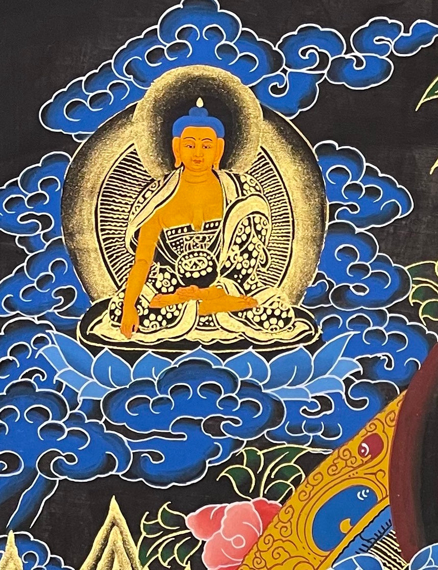 Green Tara thangka, detail: top-left corner