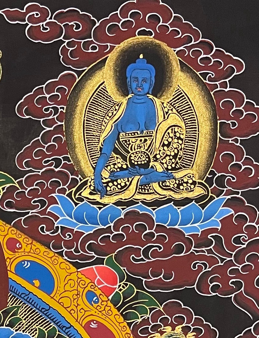Green Tara thangka, detail: top-right corner