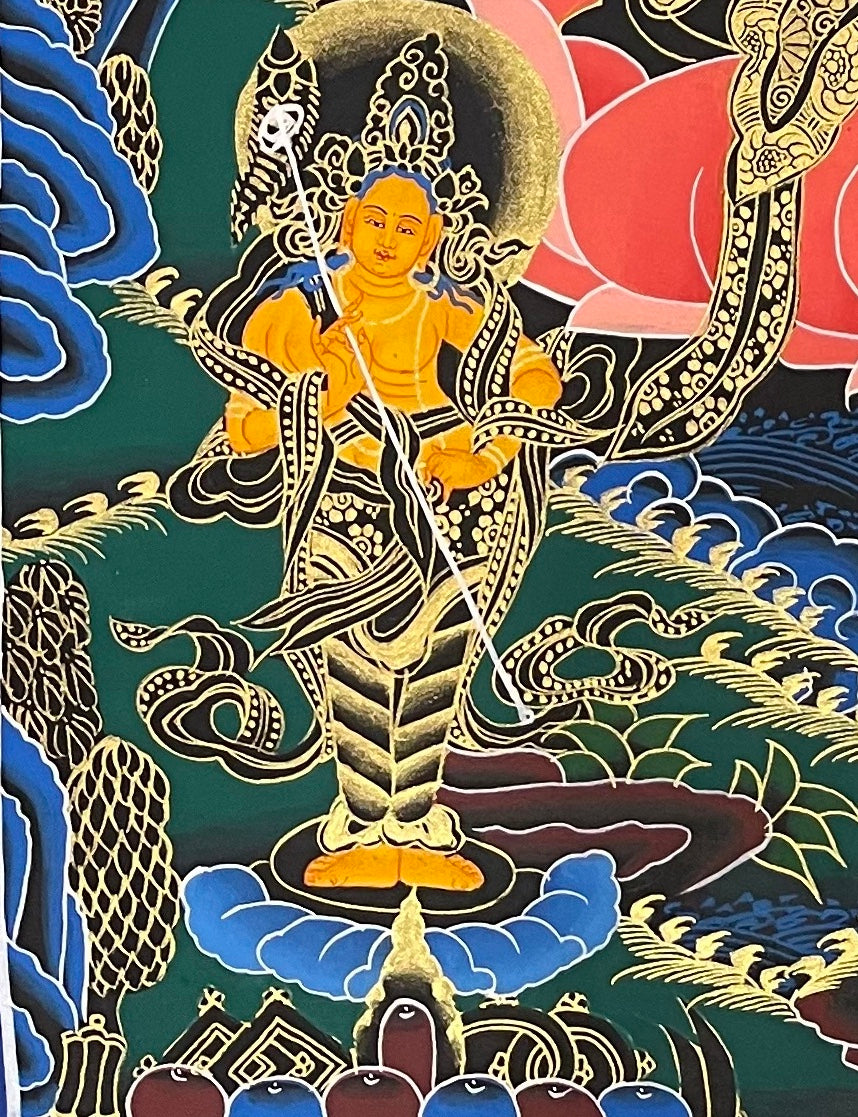 Green Tara thangka, detail: bottom-left corner