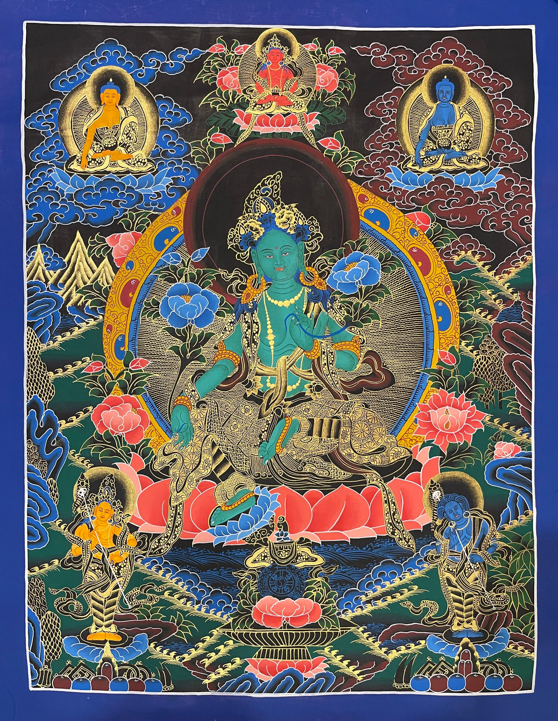 Green Tara thangka, 56×70 cm: Green Tara with three Buddhas above and two standing bodhisattvas below, on black
