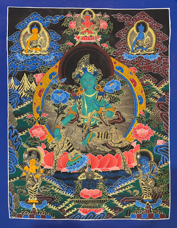 Green Tara thangka, 56×70 cm: Green Tara with three Buddhas above and two standing bodhisattvas below, on black