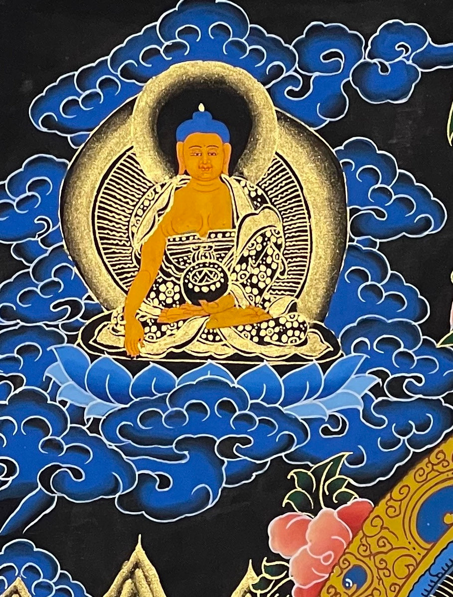 White Tara thangka, detail: top-left corner