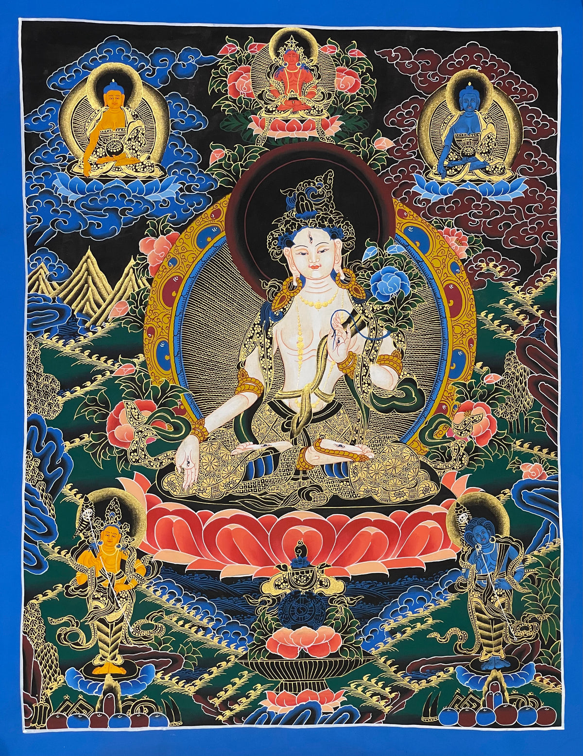 White Tara thangka, 56×70 cm: White Tara with three Buddhas above and two standing bodhisattvas below, on black