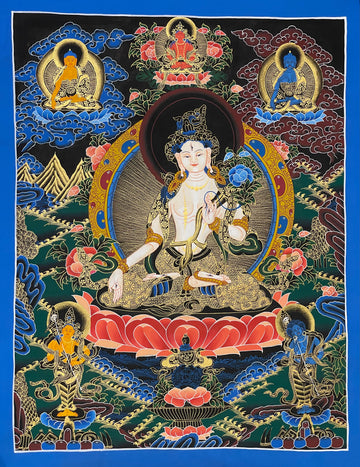 White Tara thangka, 56×70 cm: White Tara with three Buddhas above and two standing bodhisattvas below, on black