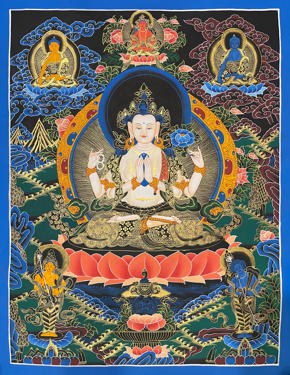 Chenrezig thangka, 56×70 cm: four-armed Chenrezig on an orange lotus against black, with Amitayus and two Buddhas above