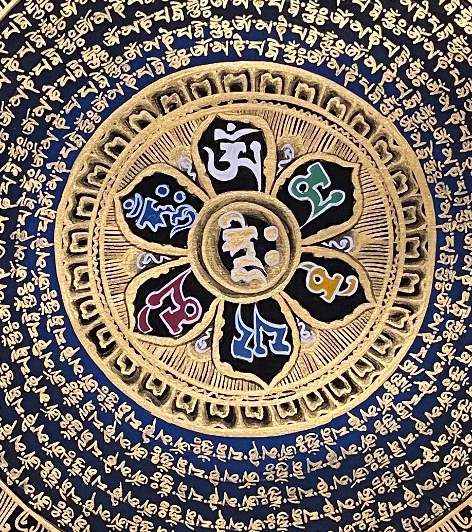 Mantra Mandala thangka, 55×61 cm: a mantra mandala with a six-syllable lotus, framed by phoenixes, dragons and columns of script on black