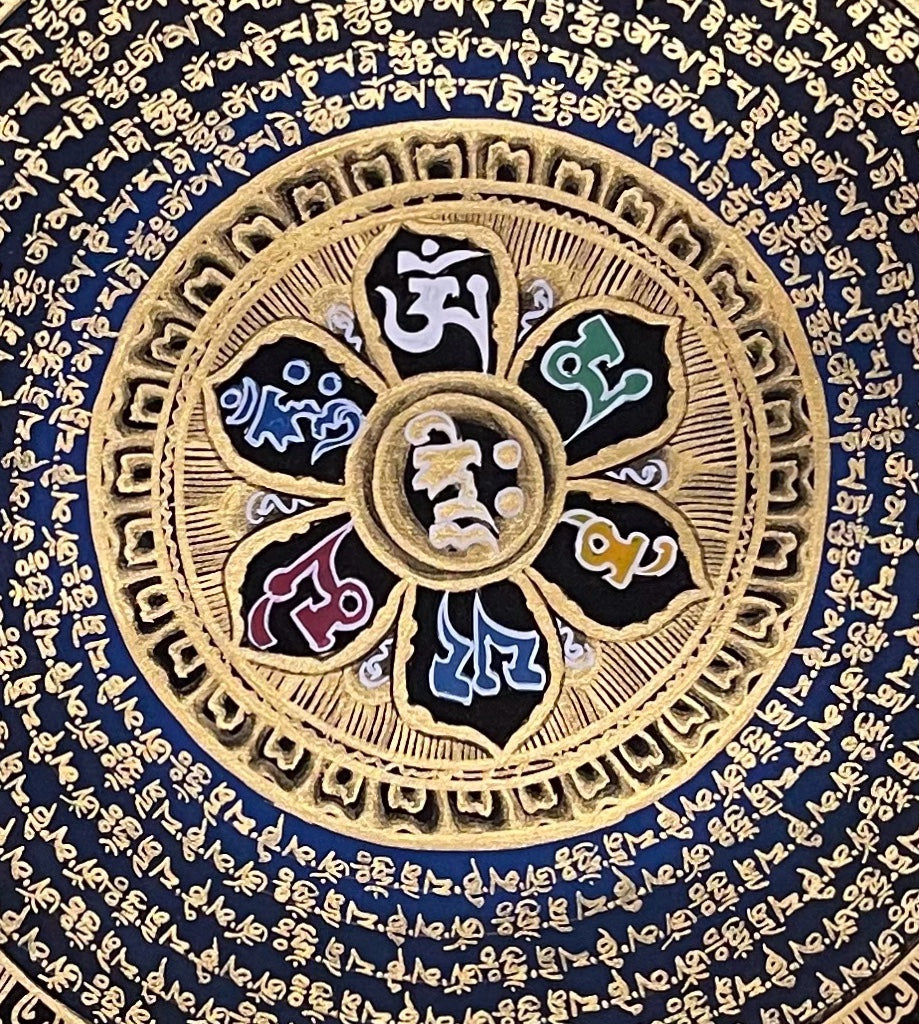 Mantra Mandala thangka, 55×61 cm: a mantra mandala with a six-syllable lotus, framed by phoenixes, dragons and columns of script on black