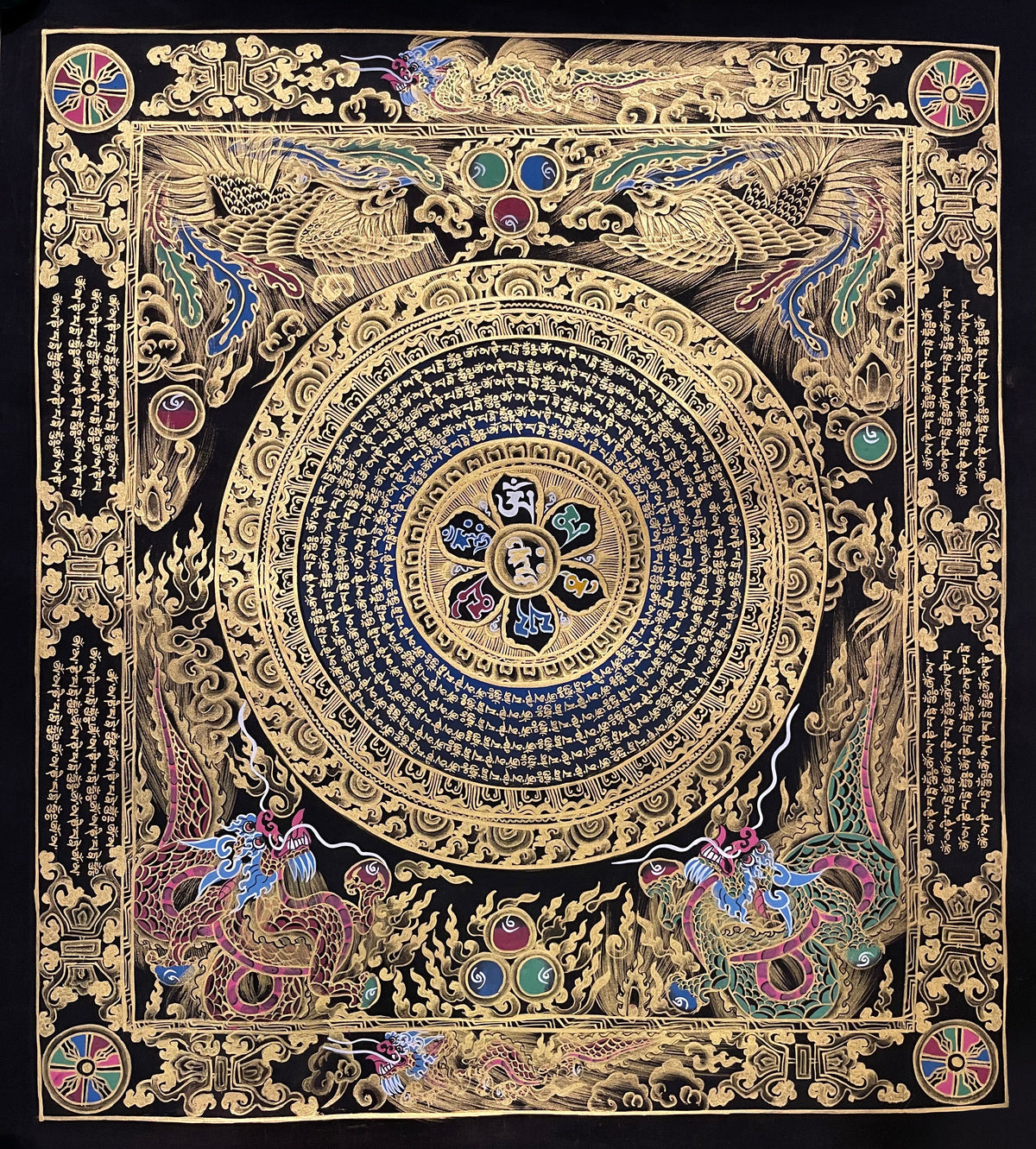 Mantra Mandala thangka, 55×61 cm: a mantra mandala with a six-syllable lotus, framed by phoenixes, dragons and columns of script on black